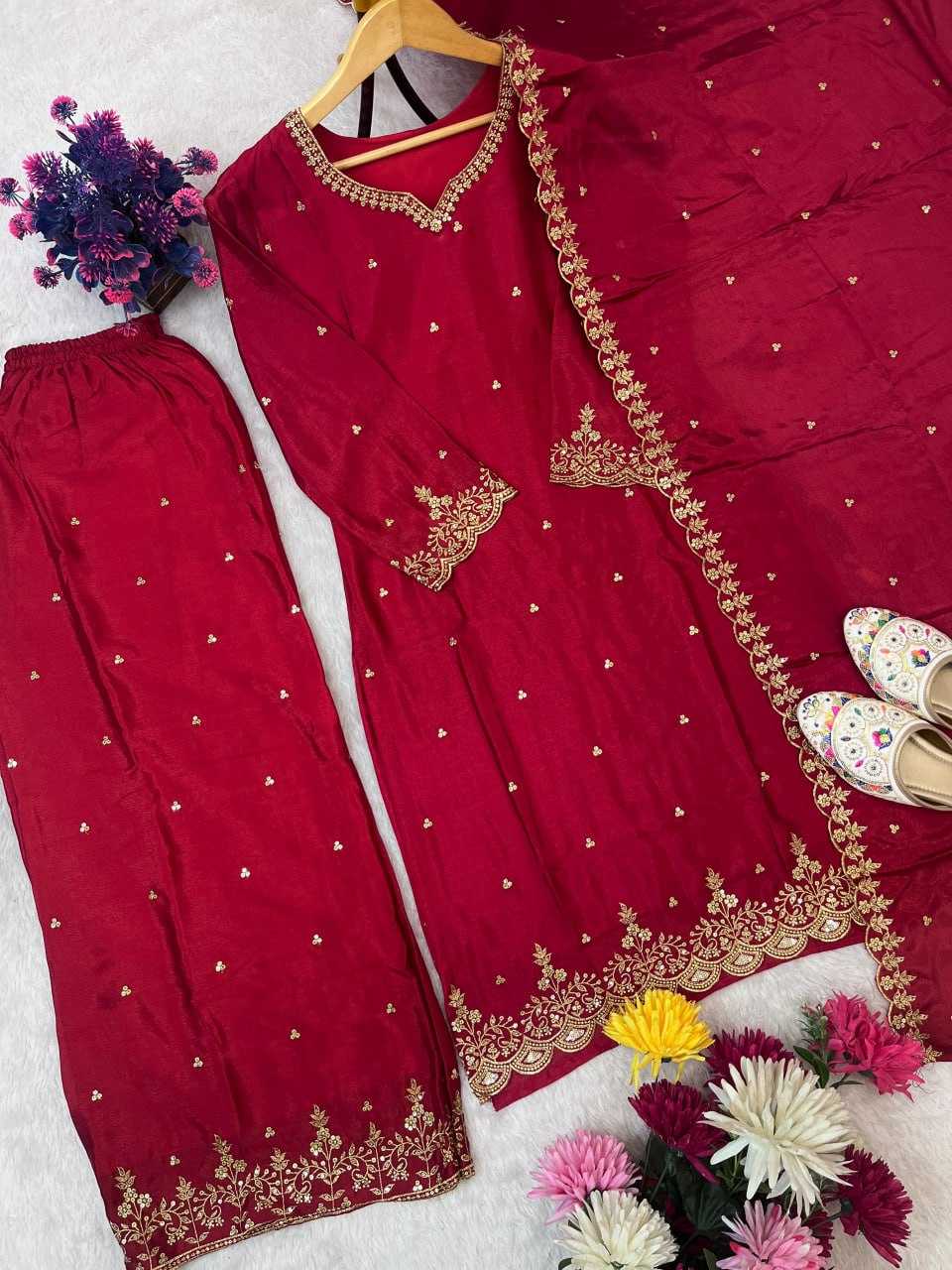 Ynf Chinon Silk RIN212 7064 Suits & Dresses Wedding Collections Festive Collections Wholesale Embroidery Suits Palazzo Suit Ladies Silk Suit Manufacturer