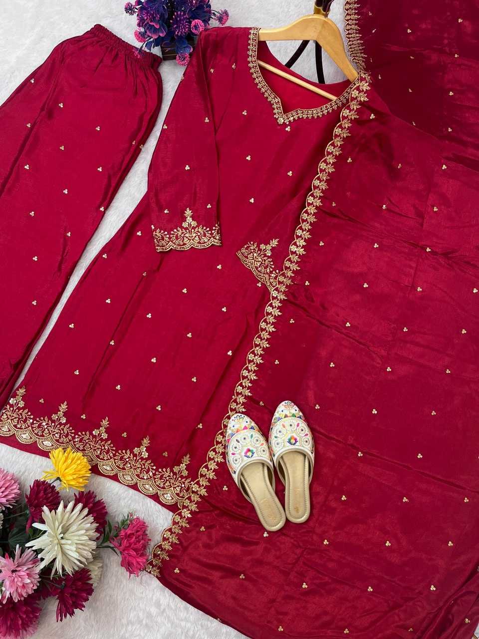 Ynf Chinon Silk RIN212 7064 Suits & Dresses Wedding Collections Festive Collections Wholesale Embroidery Suits Palazzo Suit Ladies Silk Suit Manufacturer