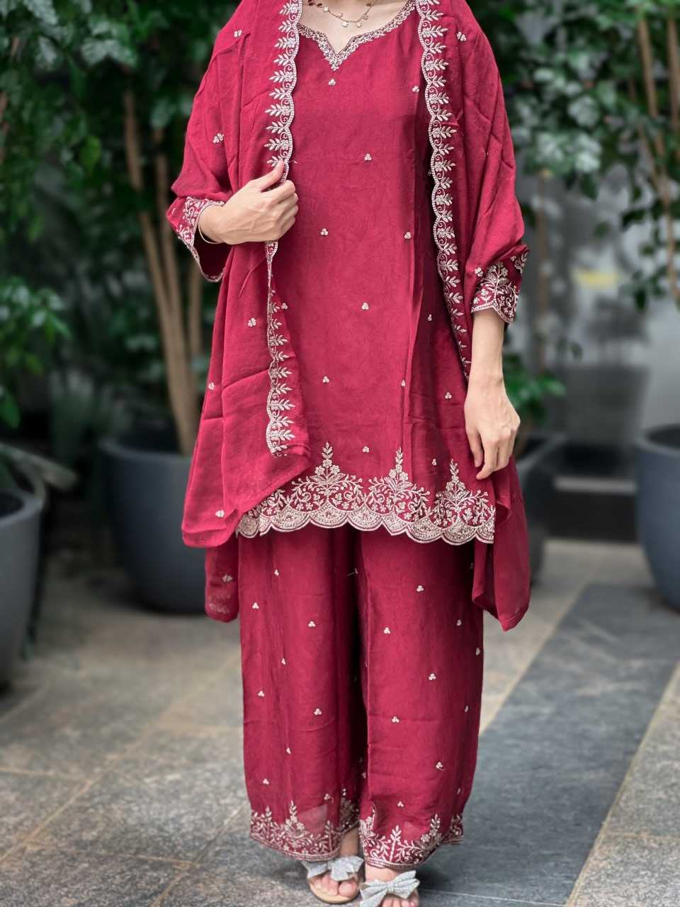 Ynf Chinon Silk RIN212 7064 Suits & Dresses Wedding Collections Festive Collections Wholesale Embroidery Suits Palazzo Suit Ladies Silk Suit Manufacturer