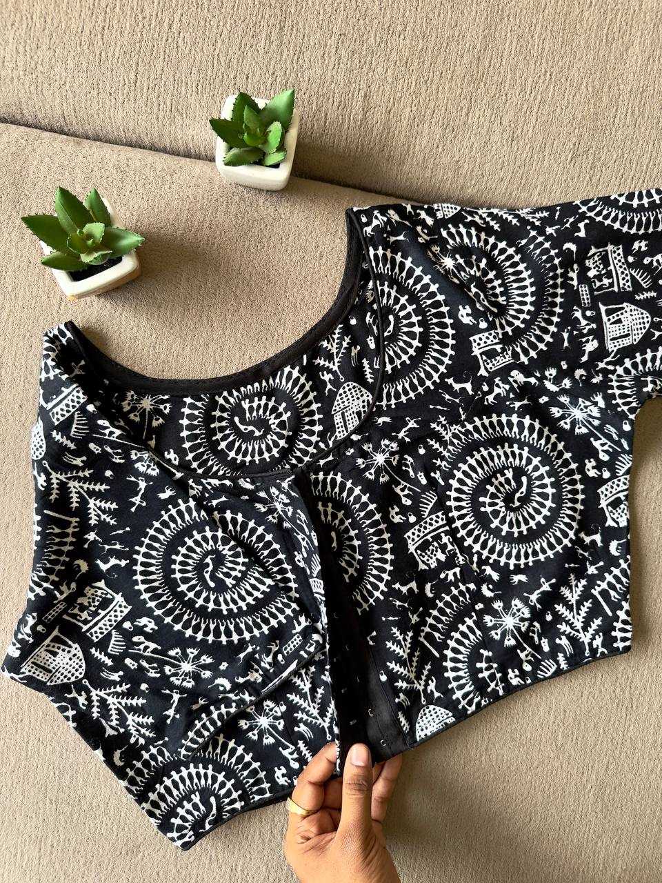 Ynf Cotton KESH437 Ajrakh-Black N White Readymade Blouses Festive Collections Wholesale Blouse Designer Blouse Onam Collections Manufacturer