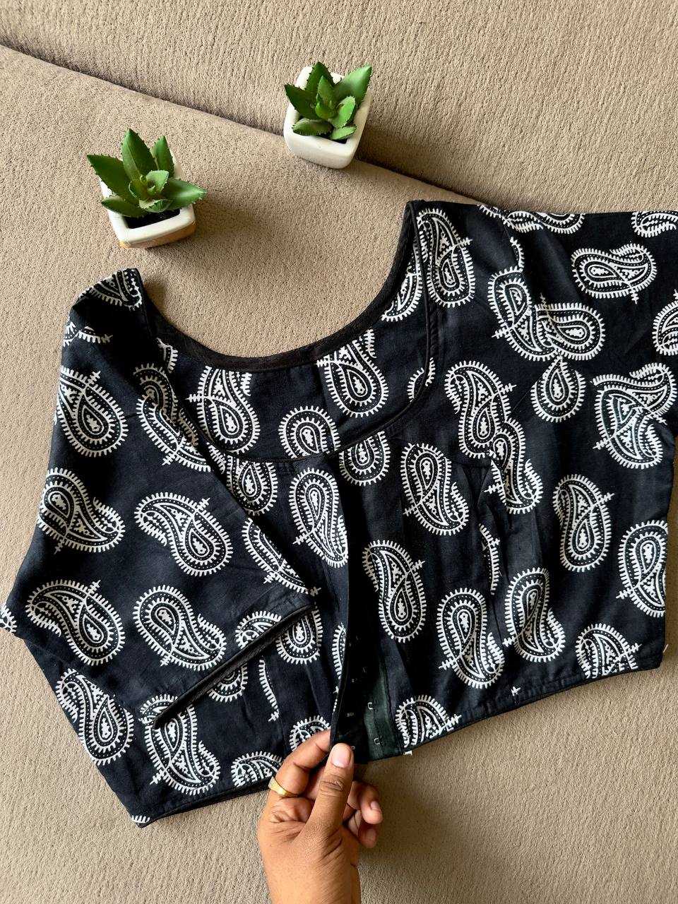 Ynf Cotton KESH437 Ajrakh-Black N White Readymade Blouses Festive Collections Wholesale Blouse Designer Blouse Onam Collections Manufacturer