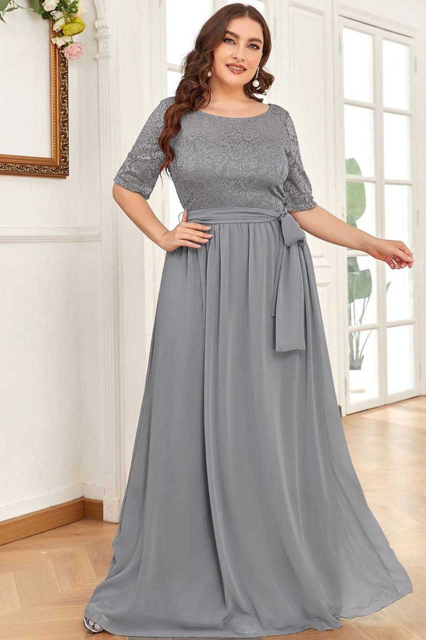 Ynf Crepe KESH559 Grey net Gowns Wholesale Net Gowns Gown With Belt Manufacturer