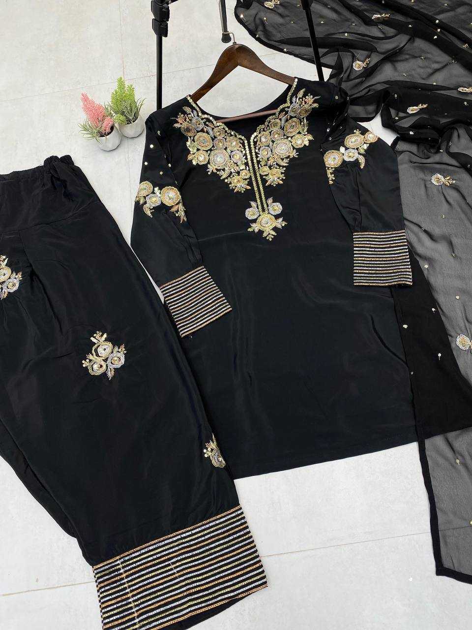 Ynf Crepe Silk RIN141 1978 Suits & Dresses Wholesale Embroidery Suits Palazzo Suit Black Salwar Suit Manufacturer