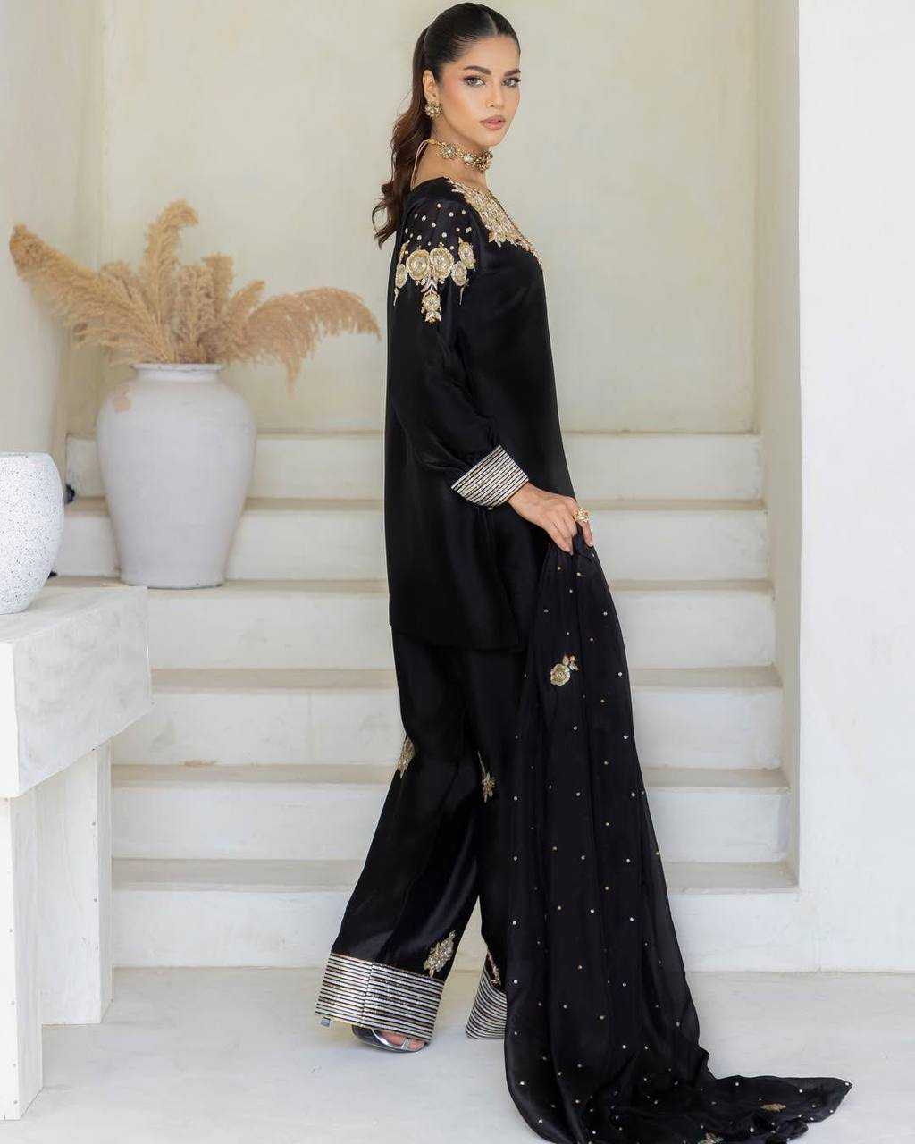 Ynf Crepe Silk RIN141 1978 Suits & Dresses Wholesale Embroidery Suits Palazzo Suit Black Salwar Suit Manufacturer