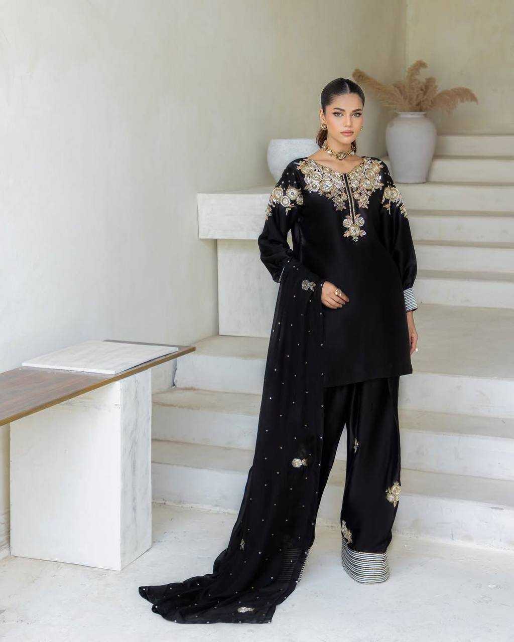 Ynf Crepe Silk RIN141 1978 Suits & Dresses Wholesale Embroidery Suits Palazzo Suit Black Salwar Suit Manufacturer