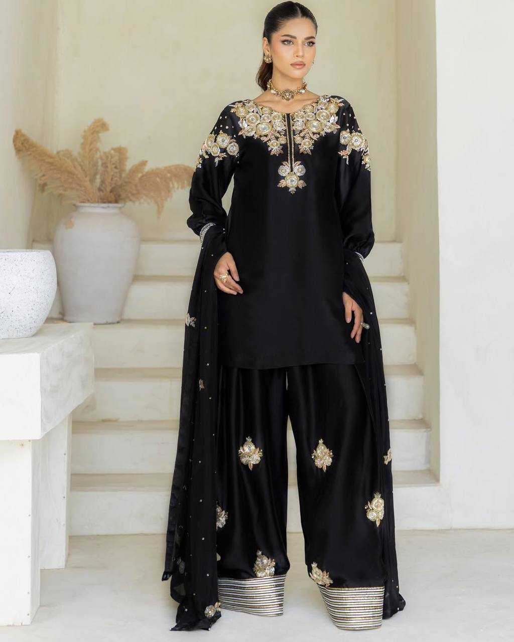Ynf Crepe Silk RIN141 1978 Suits & Dresses Wholesale Embroidery Suits Palazzo Suit Black Salwar Suit Manufacturer
