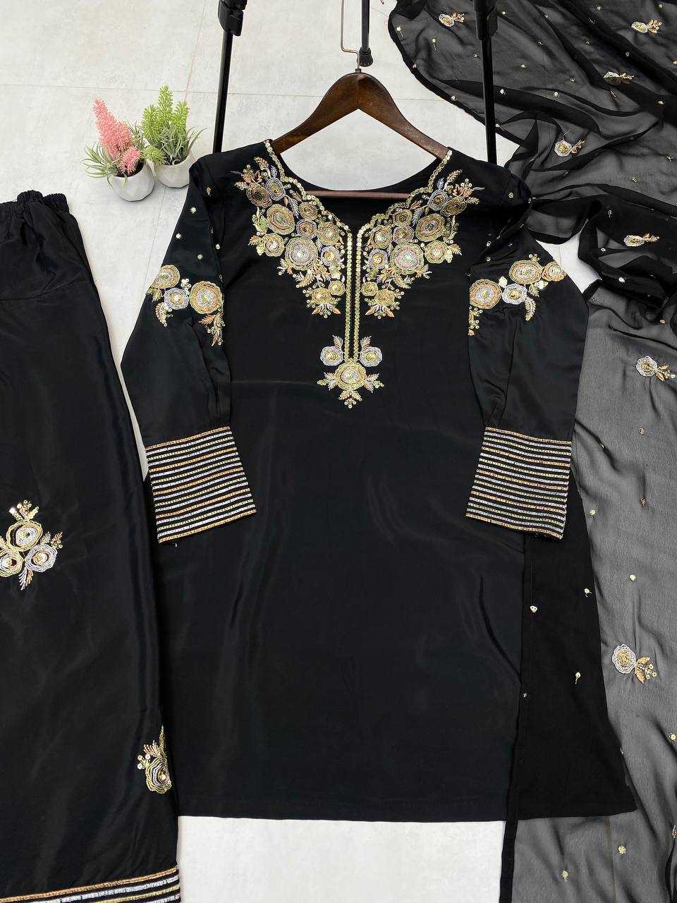Ynf Crepe Silk RIN141 1978 Suits & Dresses Wholesale Embroidery Suits Palazzo Suit Black Salwar Suit Manufacturer