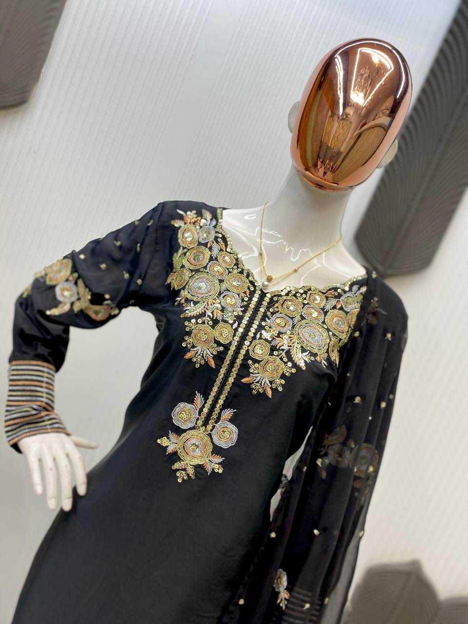 Ynf Crepe Silk RIN141 1978 Suits & Dresses Wholesale Embroidery Suits Palazzo Suit Black Salwar Suit Manufacturer