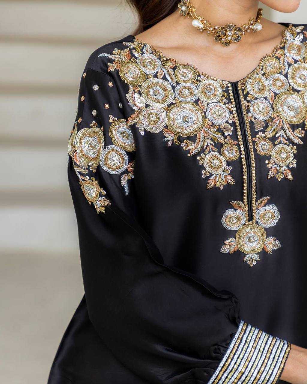 Ynf Crepe Silk RIN141 1978 Suits & Dresses Wholesale Embroidery Suits Palazzo Suit Black Salwar Suit Manufacturer