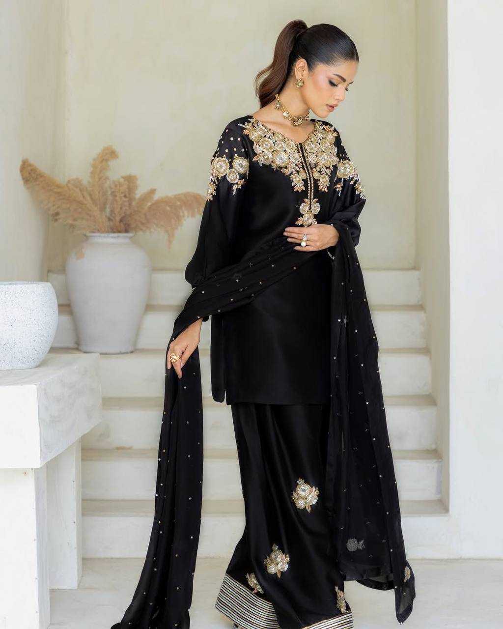 Ynf Crepe Silk RIN141 1978 Suits & Dresses Wholesale Embroidery Suits Palazzo Suit Black Salwar Suit Manufacturer