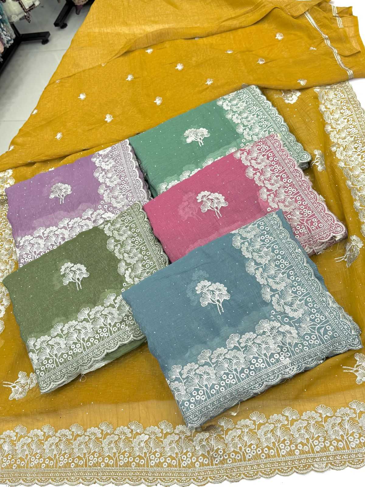 Ynf Crunchi KESH114 3496 Sarees Wholesale Embroidered Sarees Stone Work Saree Zari Border Sarees Manufacturer