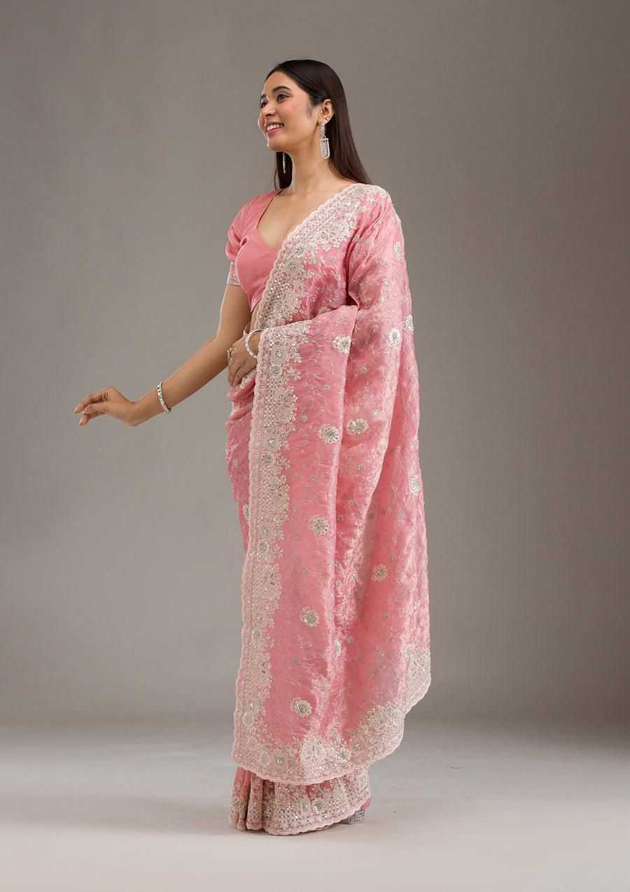 Ynf Crunchi RIN164 Gold crunch Sarees Wholesale Sequence Sarees Embroidered Sarees Pink Sarees Manufacturer