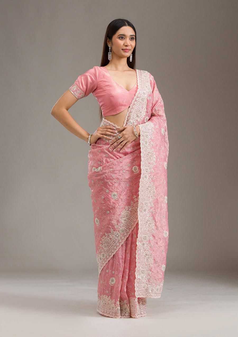 Ynf Crunchi RIN164 Gold crunch Sarees Wholesale Sequence Sarees Embroidered Sarees Pink Sarees Manufacturer
