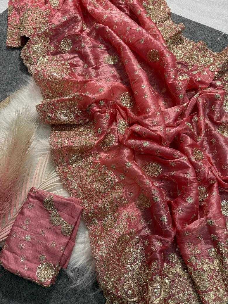 Ynf Crunchi RIN164 Gold crunch Sarees Wholesale Sequence Sarees Embroidered Sarees Pink Sarees Manufacturer