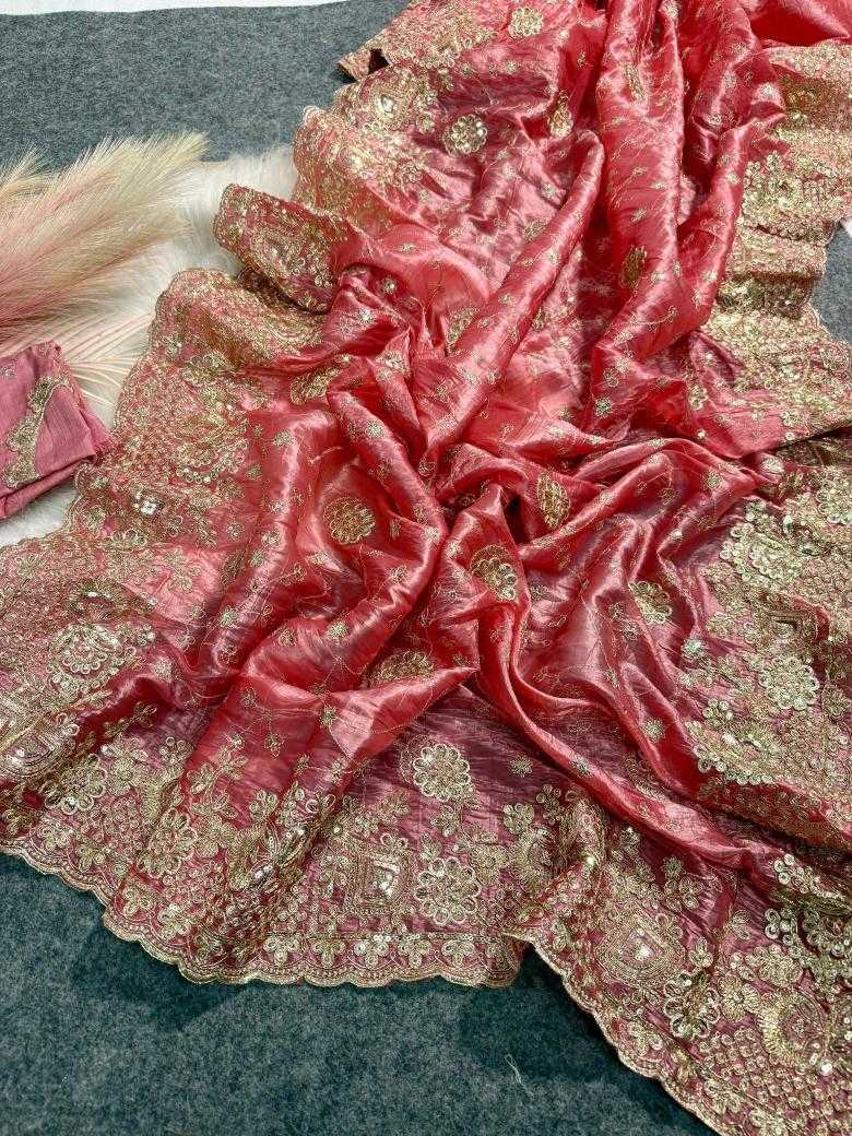 Ynf Crunchi RIN164 Gold crunch Sarees Wholesale Sequence Sarees Embroidered Sarees Pink Sarees Manufacturer