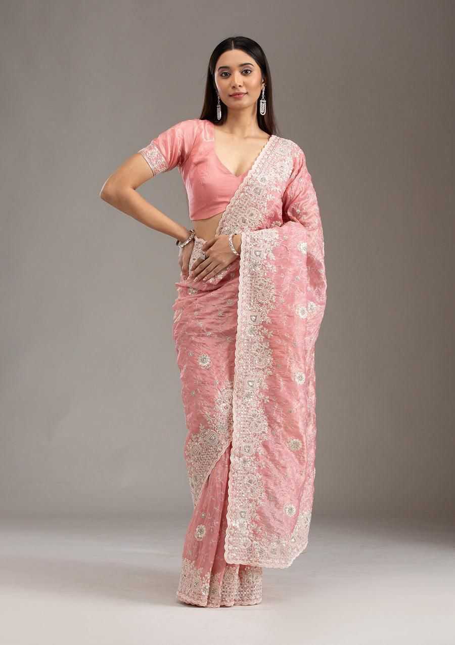 Ynf Crunchi RIN164 Gold crunch Sarees Wholesale Sequence Sarees Embroidered Sarees Pink Sarees Manufacturer