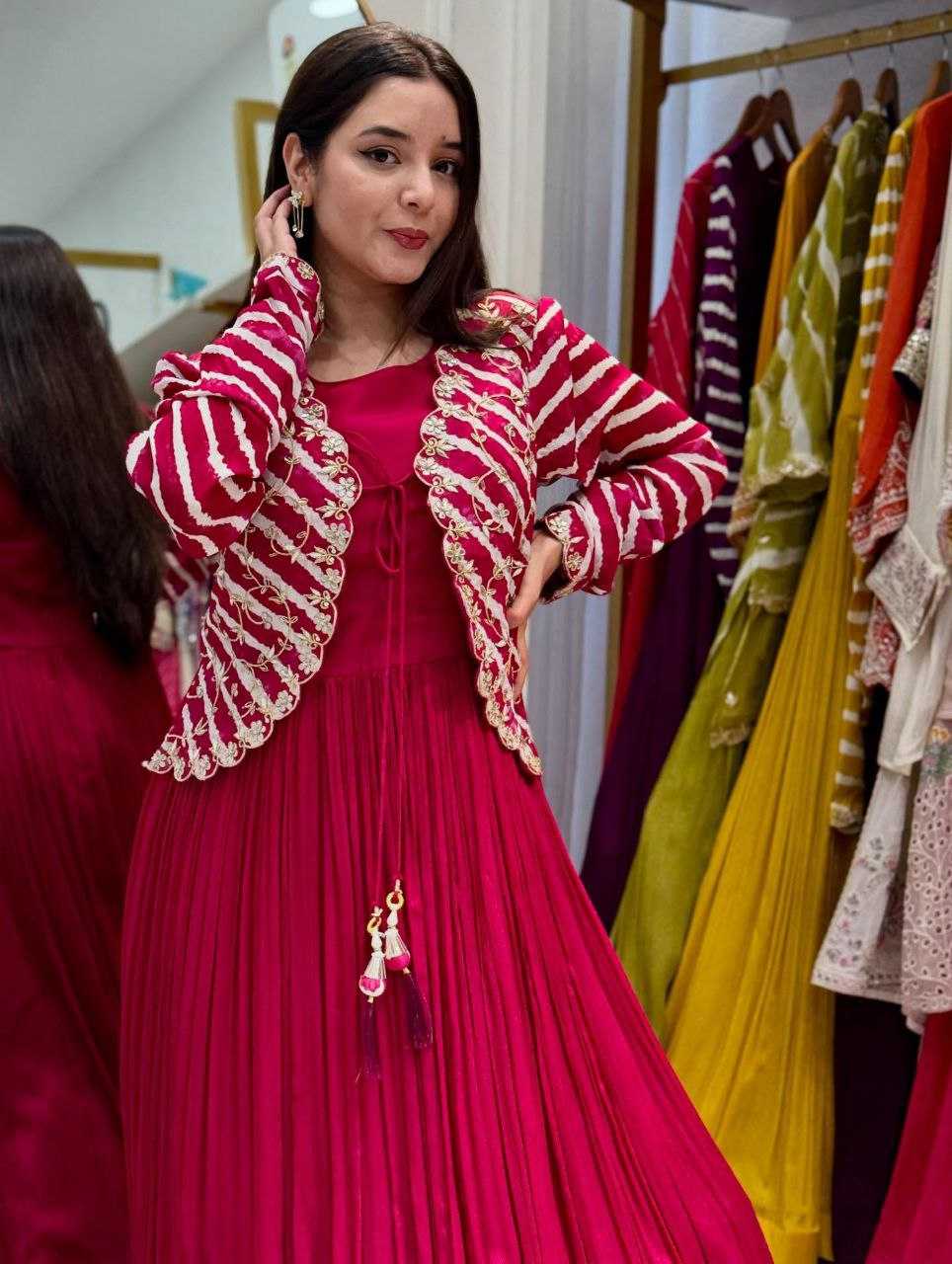 Ynf Faux Blooming KESH158 5057 Gowns Western Wears Festive Collections Wholesale Embroidery Gowns Georgette Gown Indo-Western Gown With Jacket Manufacturer