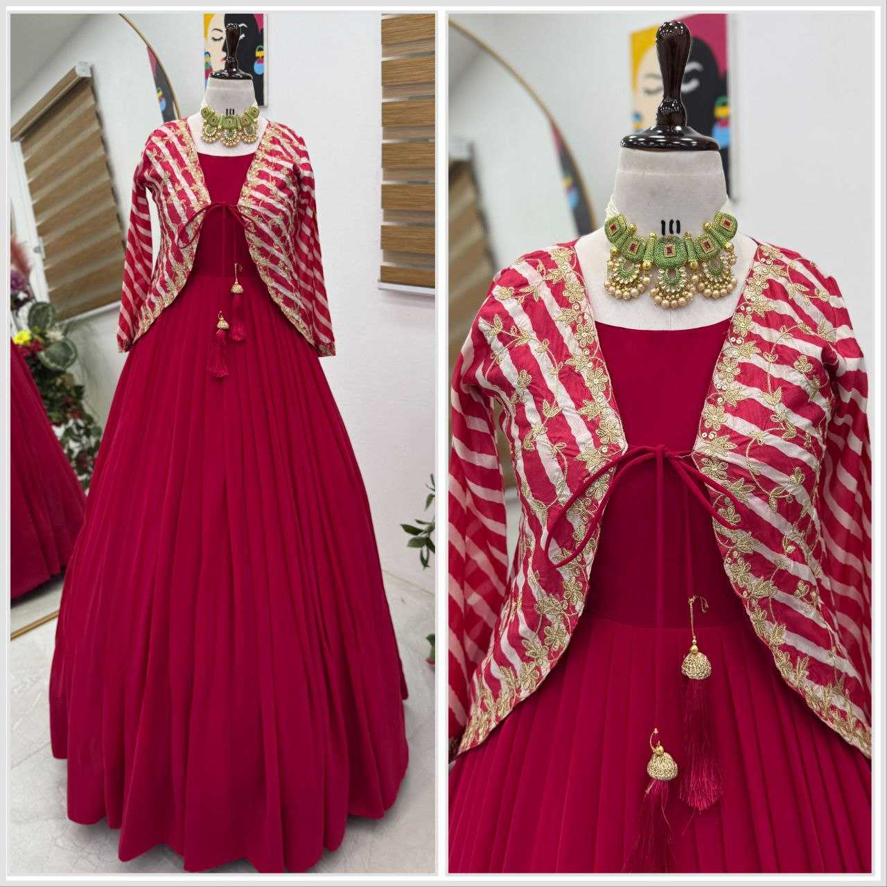 Ynf Faux Blooming KESH158 5057 Gowns Western Wears Festive Collections Wholesale Embroidery Gowns Georgette Gown Indo-Western Gown With Jacket Manufacturer