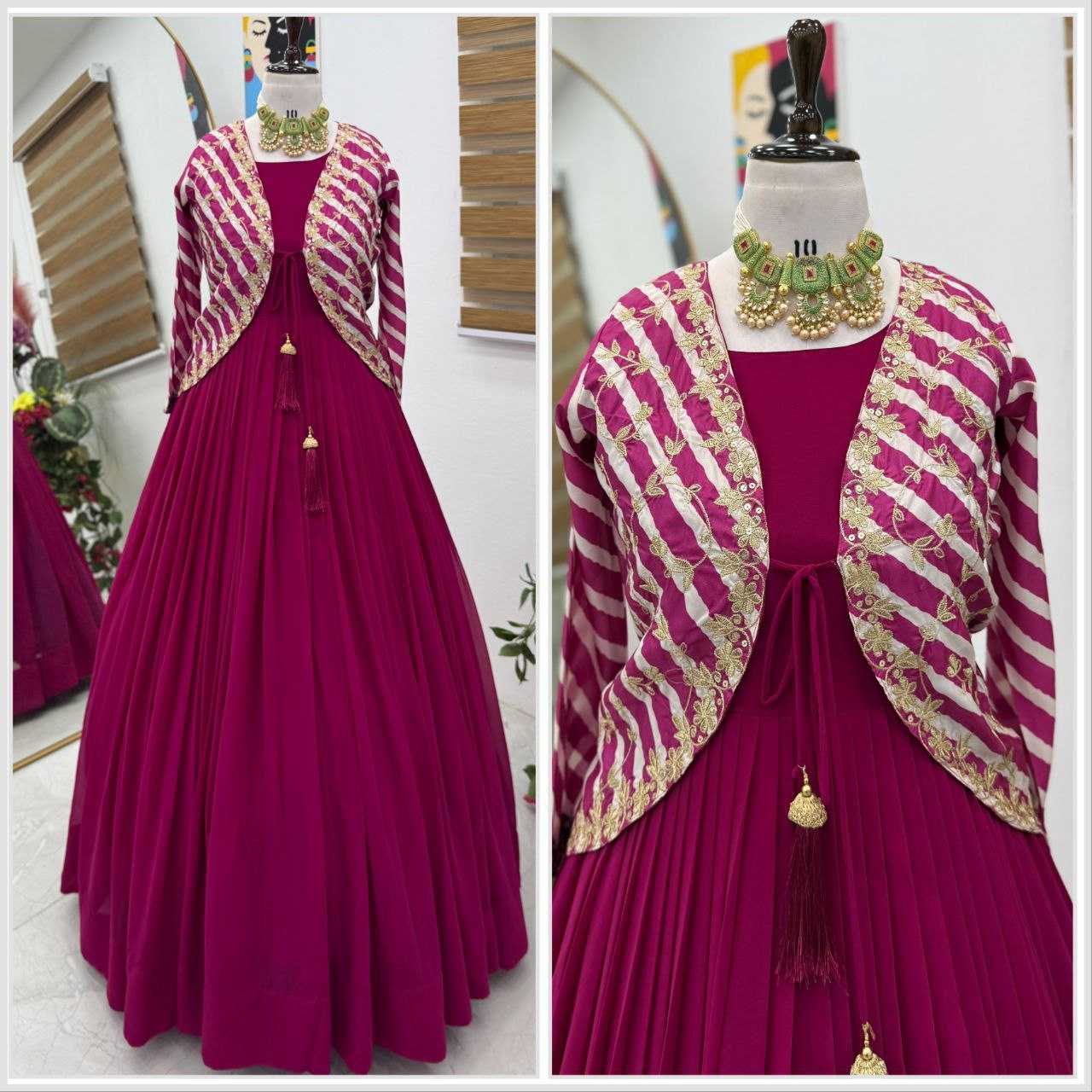 Ynf Faux Blooming KESH158 5057 Gowns Western Wears Festive Collections Wholesale Embroidery Gowns Georgette Gown Indo-Western Gown With Jacket Manufacturer