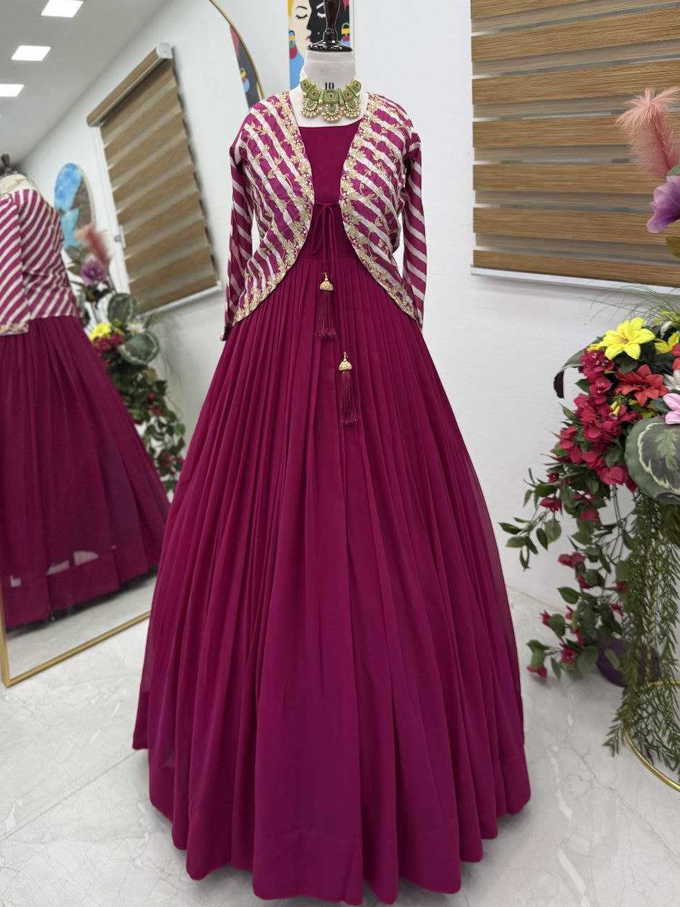 Ynf Faux Blooming KESH158 5057 Gowns Western Wears Festive Collections Wholesale Embroidery Gowns Georgette Gown Indo-Western Gown With Jacket Manufacturer