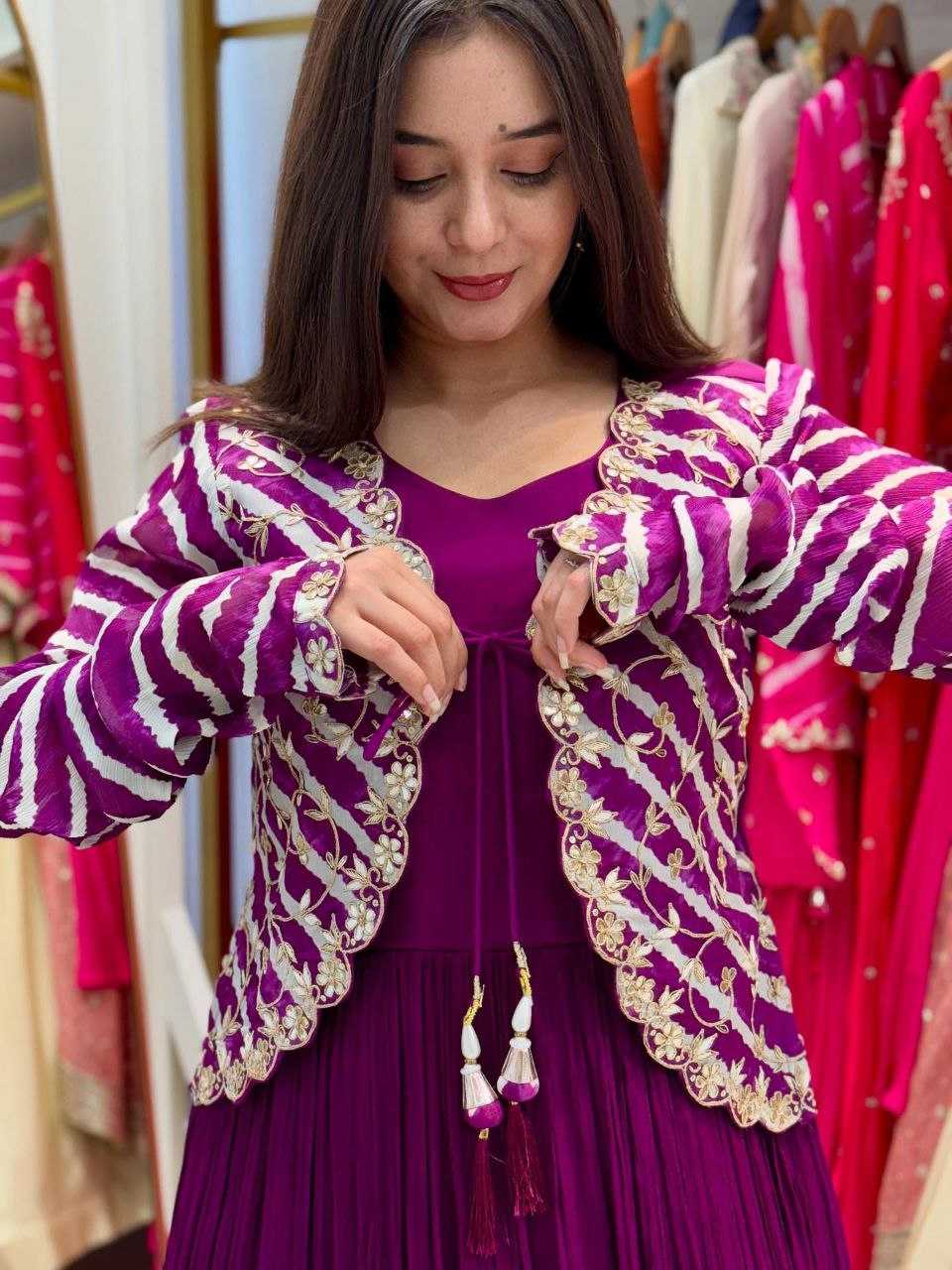 Ynf Faux Blooming KESH158 5057 Gowns Western Wears Festive Collections Wholesale Embroidery Gowns Georgette Gown Indo-Western Gown With Jacket Manufacturer