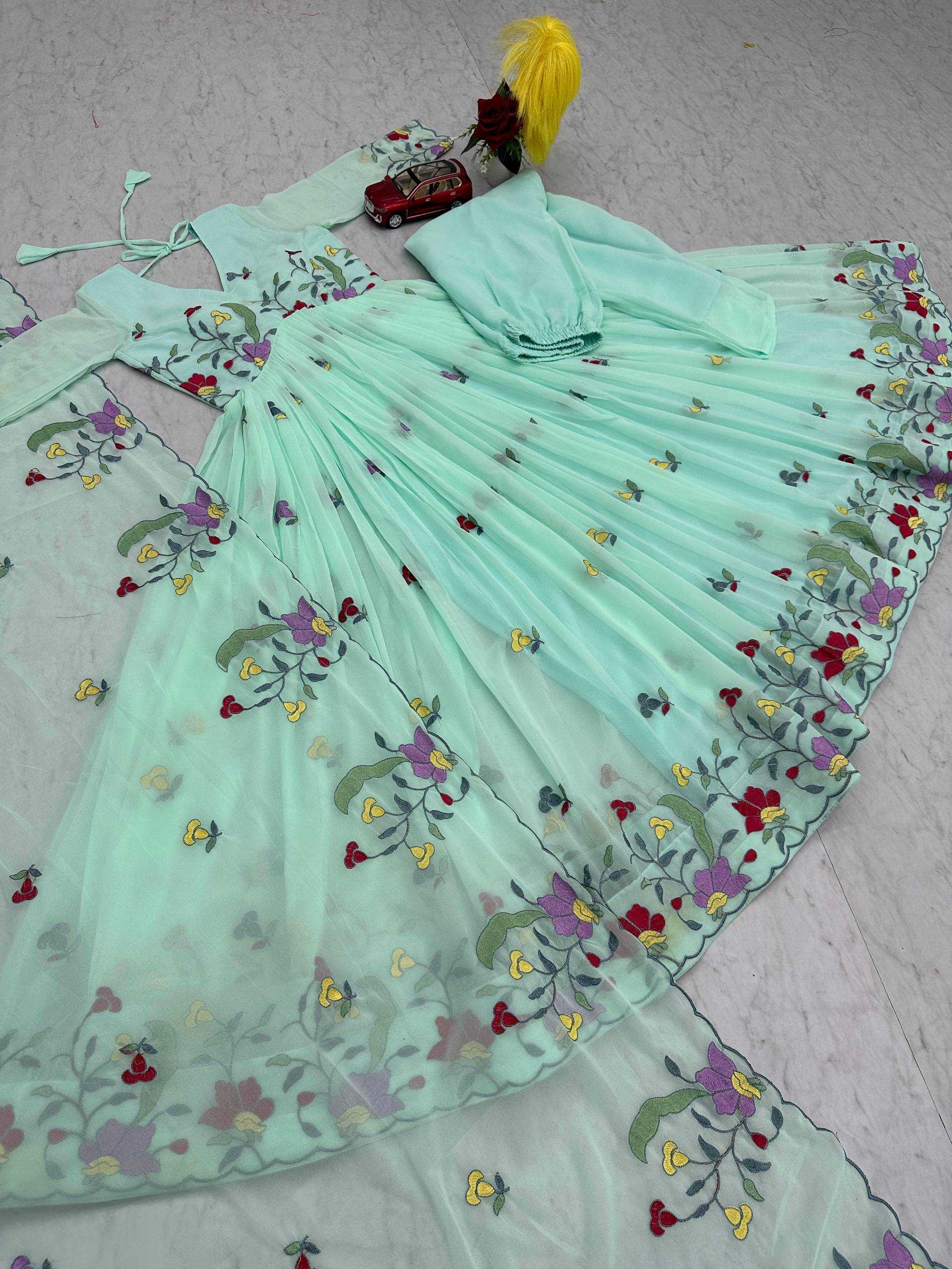 Ynf Faux Georgette KESH496 528 Gowns Wholesale Embroidery Gowns Georgette Gown Manufacturer