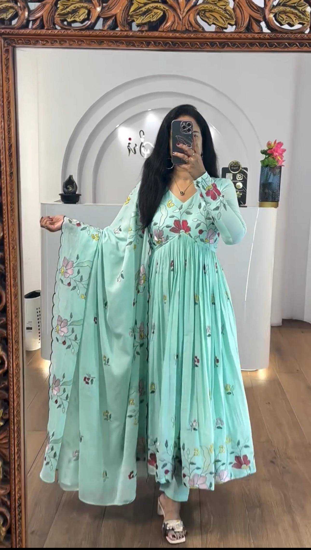 Ynf Faux Georgette KESH496 528 Gowns Wholesale Embroidery Gowns Georgette Gown Manufacturer