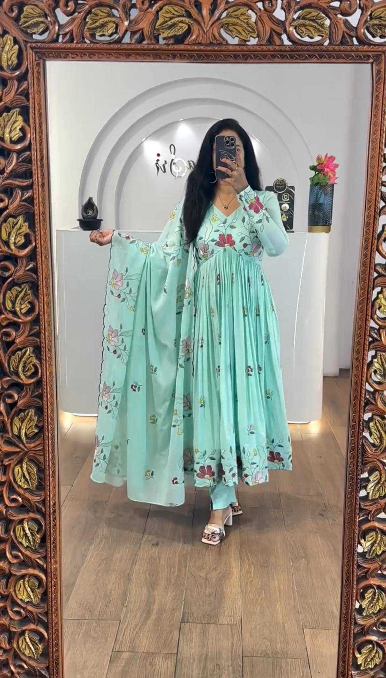 Ynf Faux Georgette KESH496 528 Gowns Wholesale Embroidery Gowns Georgette Gown Manufacturer