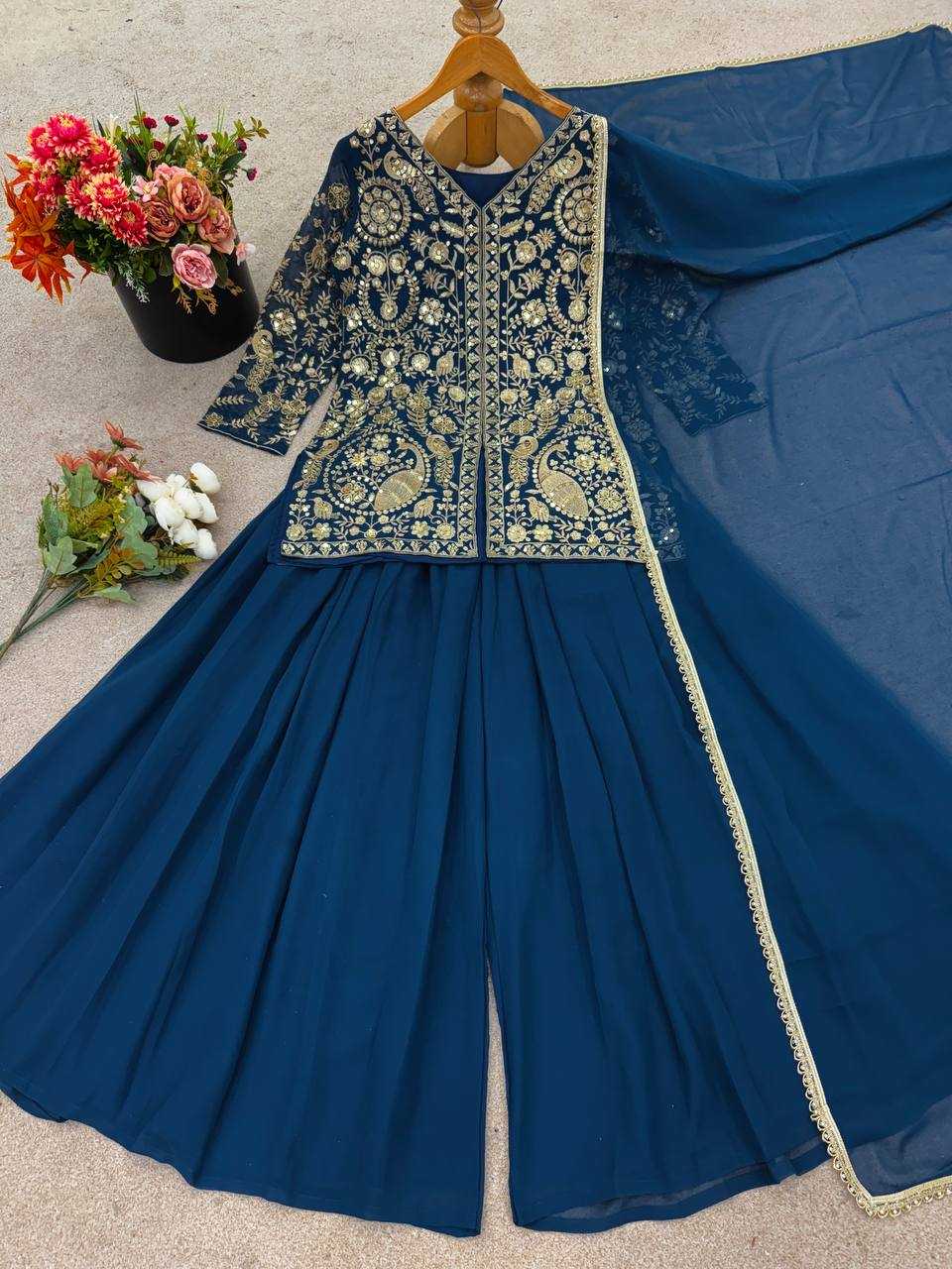 Ynf Faux Georgette KESH499 013 Suits & Dresses Wedding Collections Festive Collections Wholesale Embroidery Suits Palazzo Suit Georgette Suit Manufacturer