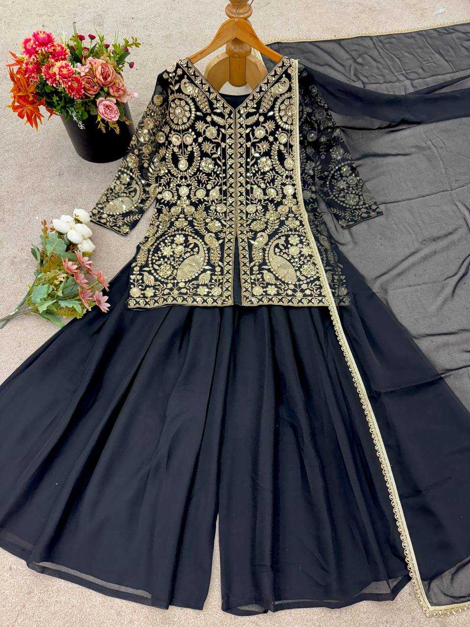 Ynf Faux Georgette KESH499 013 Suits & Dresses Wedding Collections Festive Collections Wholesale Embroidery Suits Palazzo Suit Georgette Suit Manufacturer