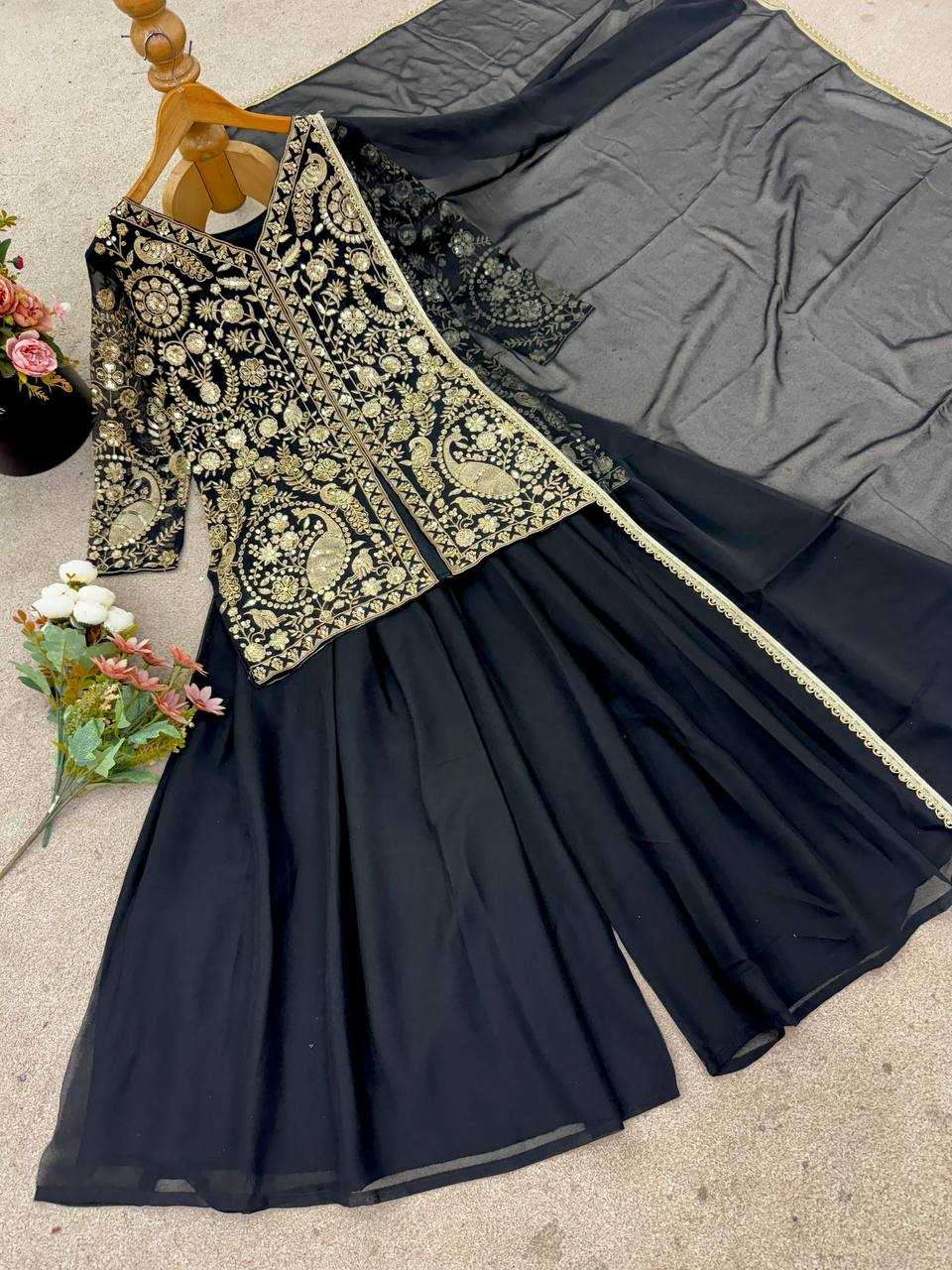 Ynf Faux Georgette KESH499 013 Suits & Dresses Wedding Collections Festive Collections Wholesale Embroidery Suits Palazzo Suit Georgette Suit Manufacturer