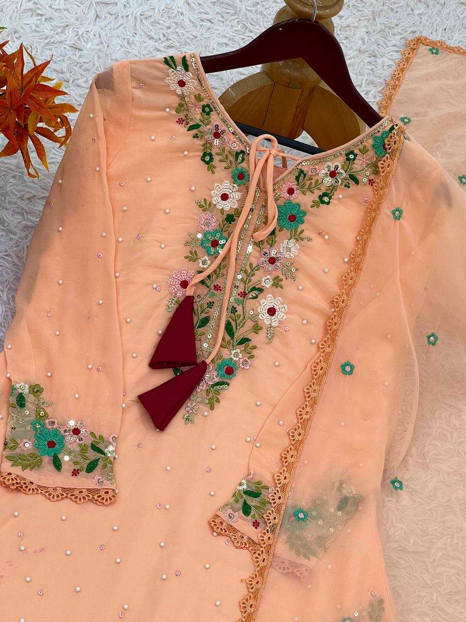 Ynf Faux Georgette KESH499 862 Suits & Dresses Wedding Collections Festive Collections Wholesale Embroidery Suits Palazzo Suit Georgette Suit Manufacturer