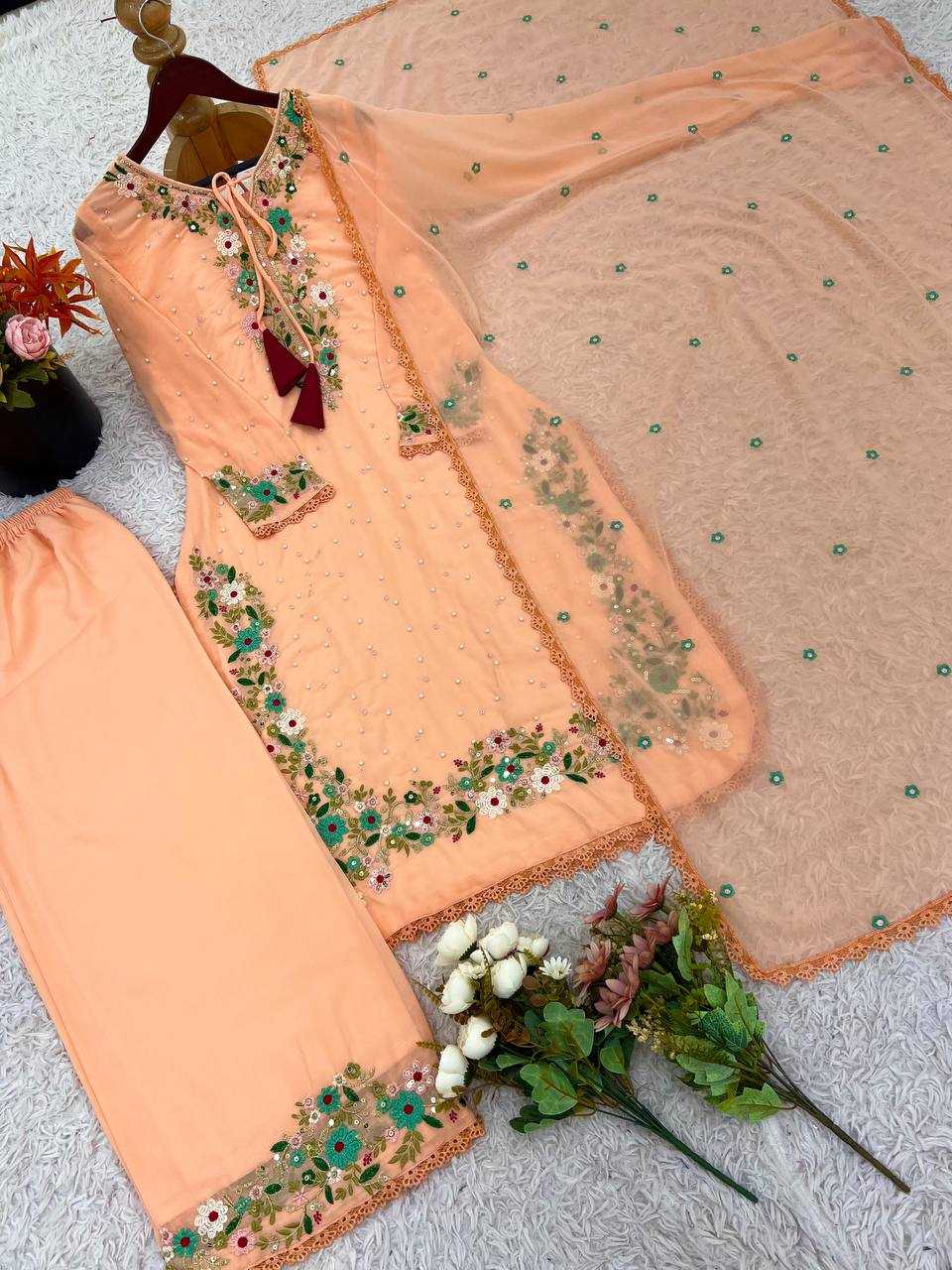 Ynf Faux Georgette KESH499 862 Suits & Dresses Wedding Collections Festive Collections Wholesale Embroidery Suits Palazzo Suit Georgette Suit Manufacturer