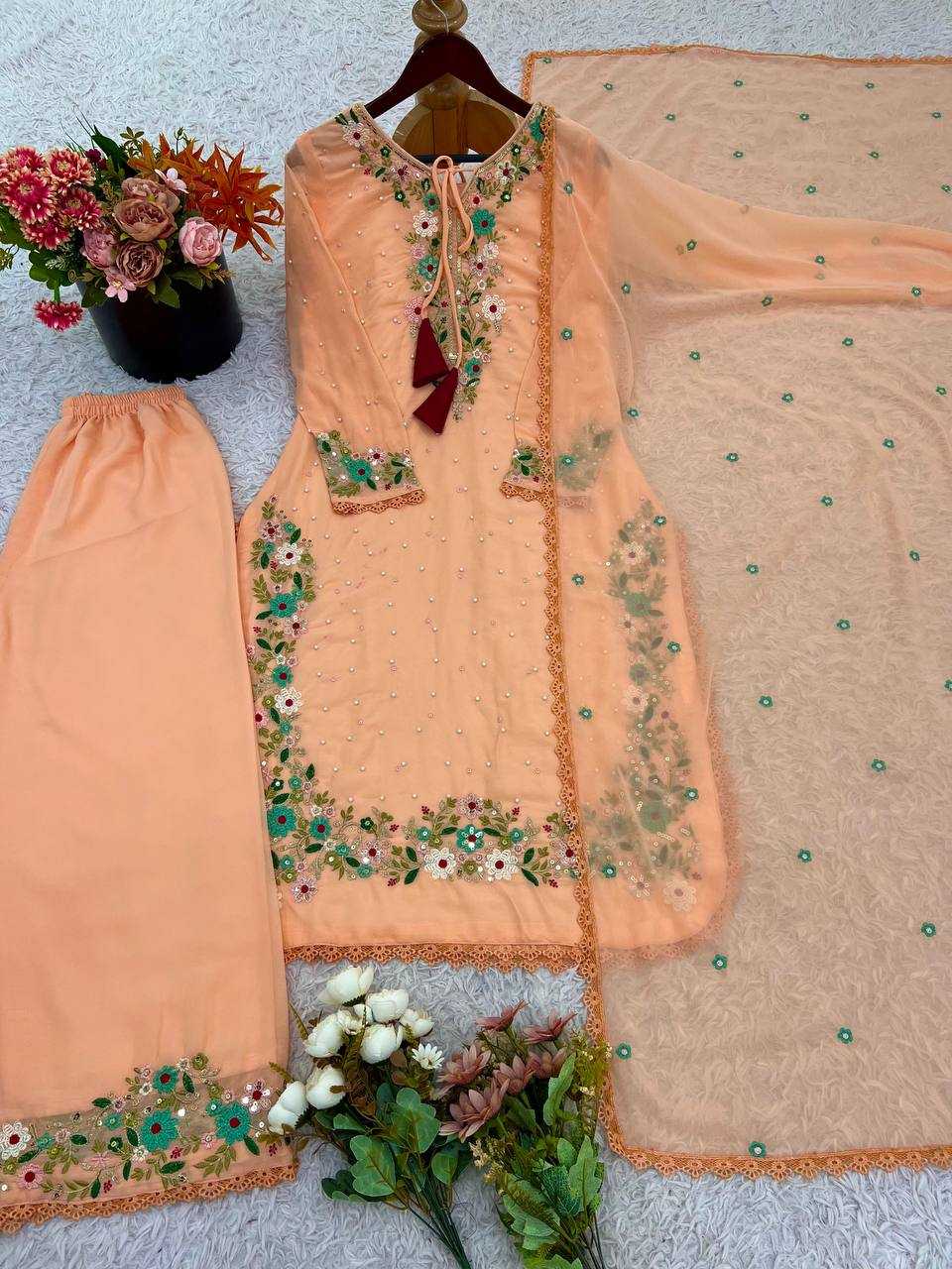 Ynf Faux Georgette KESH499 862 Suits & Dresses Wedding Collections Festive Collections Wholesale Embroidery Suits Palazzo Suit Georgette Suit Manufacturer