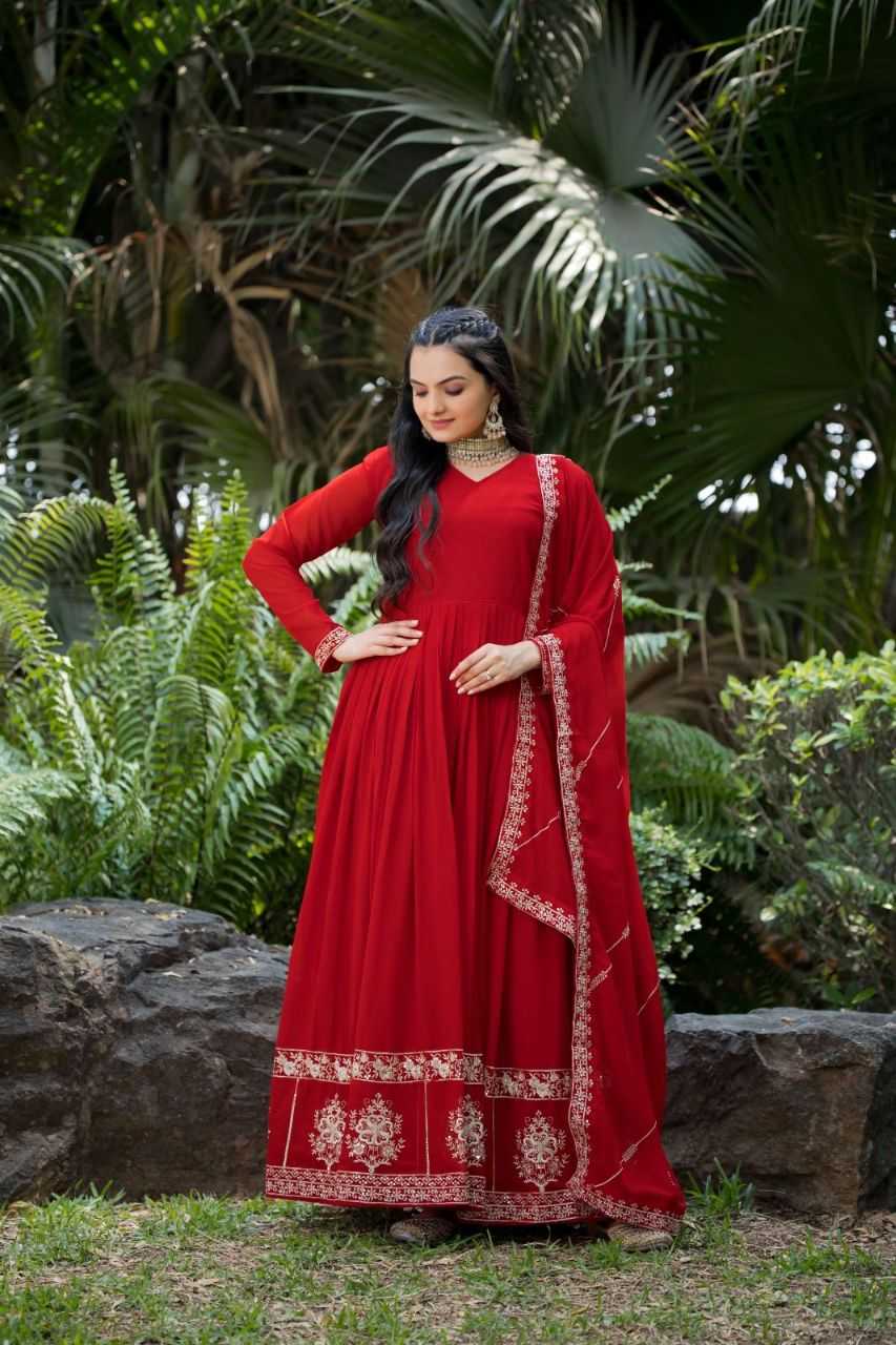 Ynf Faux Georgette KESH507 1022 Gowns Wedding Collections Festive Collections Wholesale Embroidery Gowns Georgette Gown Red Gown Manufacturer