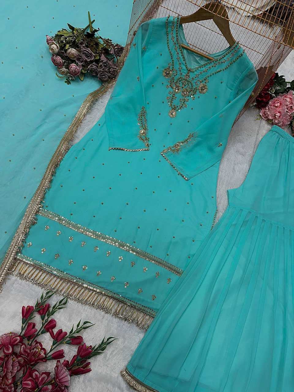 Ynf Faux Georgette KESH523 276 Suits & Dresses Wedding Collections Festive Collections Wholesale Embroidery Suits Palazzo Suit Georgette Suit Manufacturer
