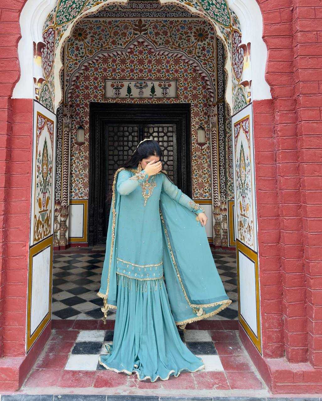 Ynf Faux Georgette KESH523 276 Suits & Dresses Wedding Collections Festive Collections Wholesale Sharara Salwar Suits Georgette Suit Embroidered Suits Manufacturer