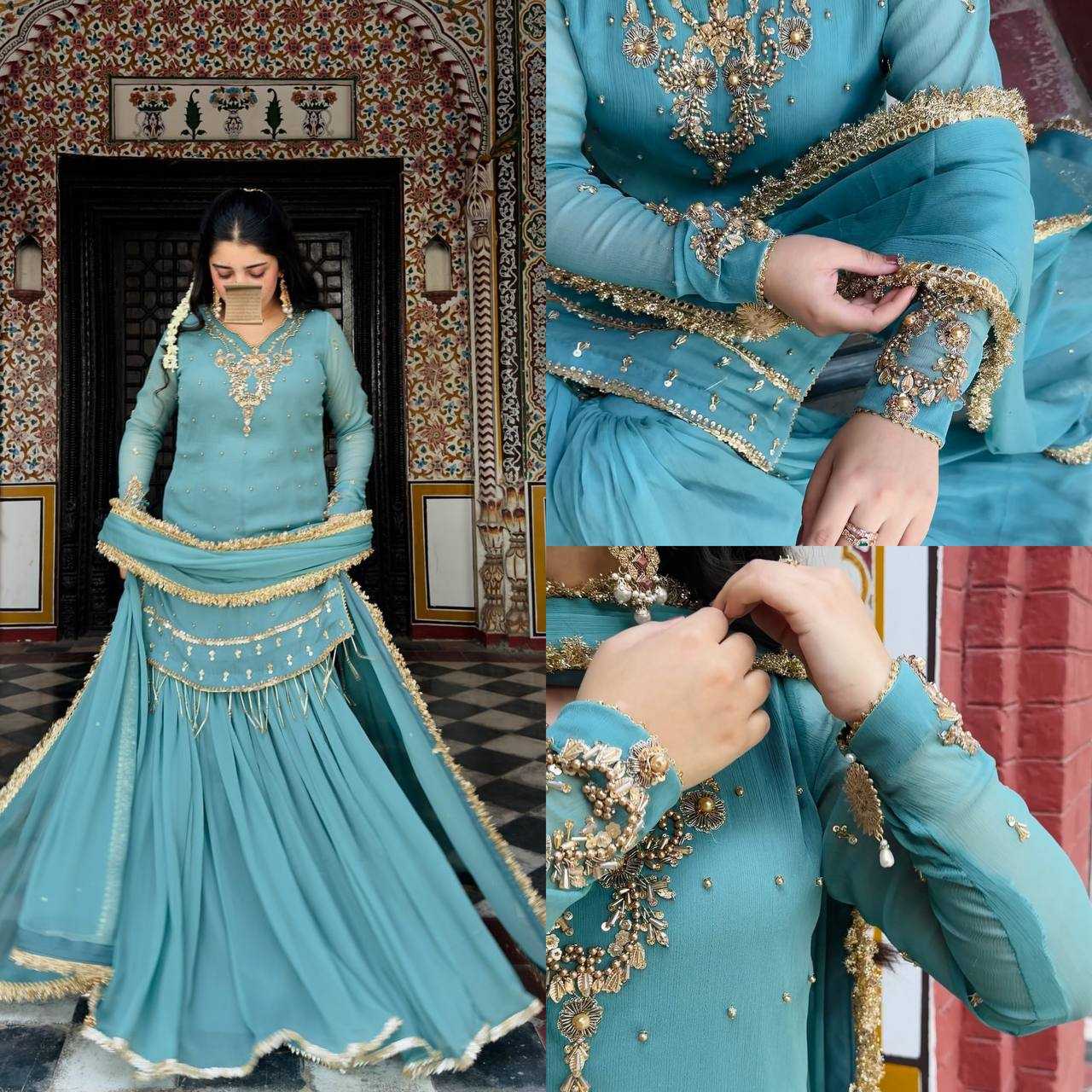 Ynf Faux Georgette KESH523 276 Suits & Dresses Wedding Collections Festive Collections Wholesale Sharara Salwar Suits Georgette Suit Embroidered Suits Manufacturer