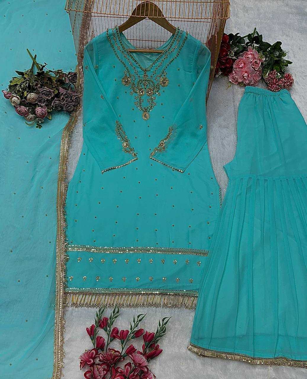 Ynf Faux Georgette KESH523 276 Suits & Dresses Wedding Collections Festive Collections Wholesale Sharara Salwar Suits Georgette Suit Embroidered Suits Manufacturer