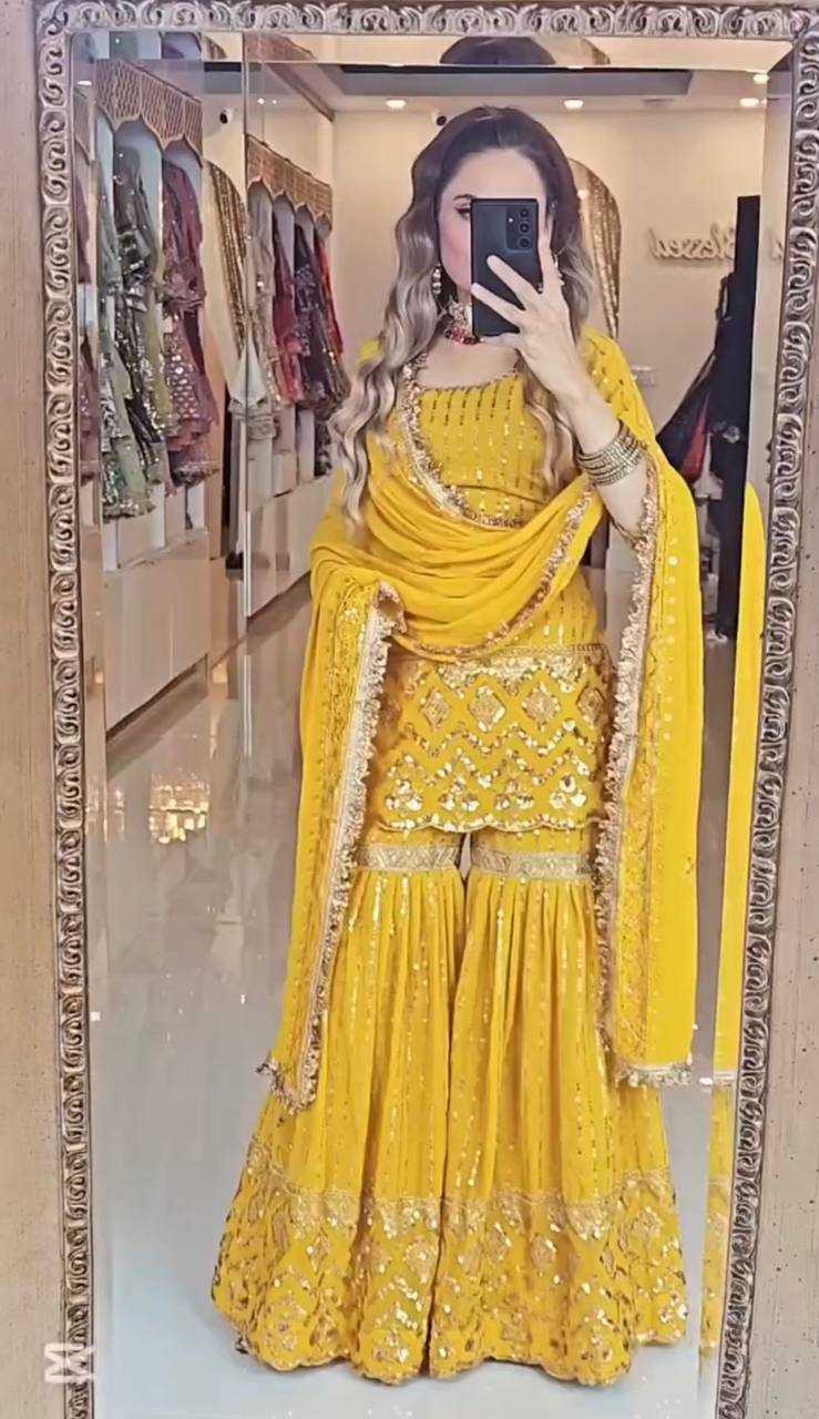 Ynf Faux Georgette KESH523 277 Suits & Dresses Wedding Collections Festive Collections Wholesale Sharara Salwar Suits Georgette Suit Haldi Outfits Manufacturer