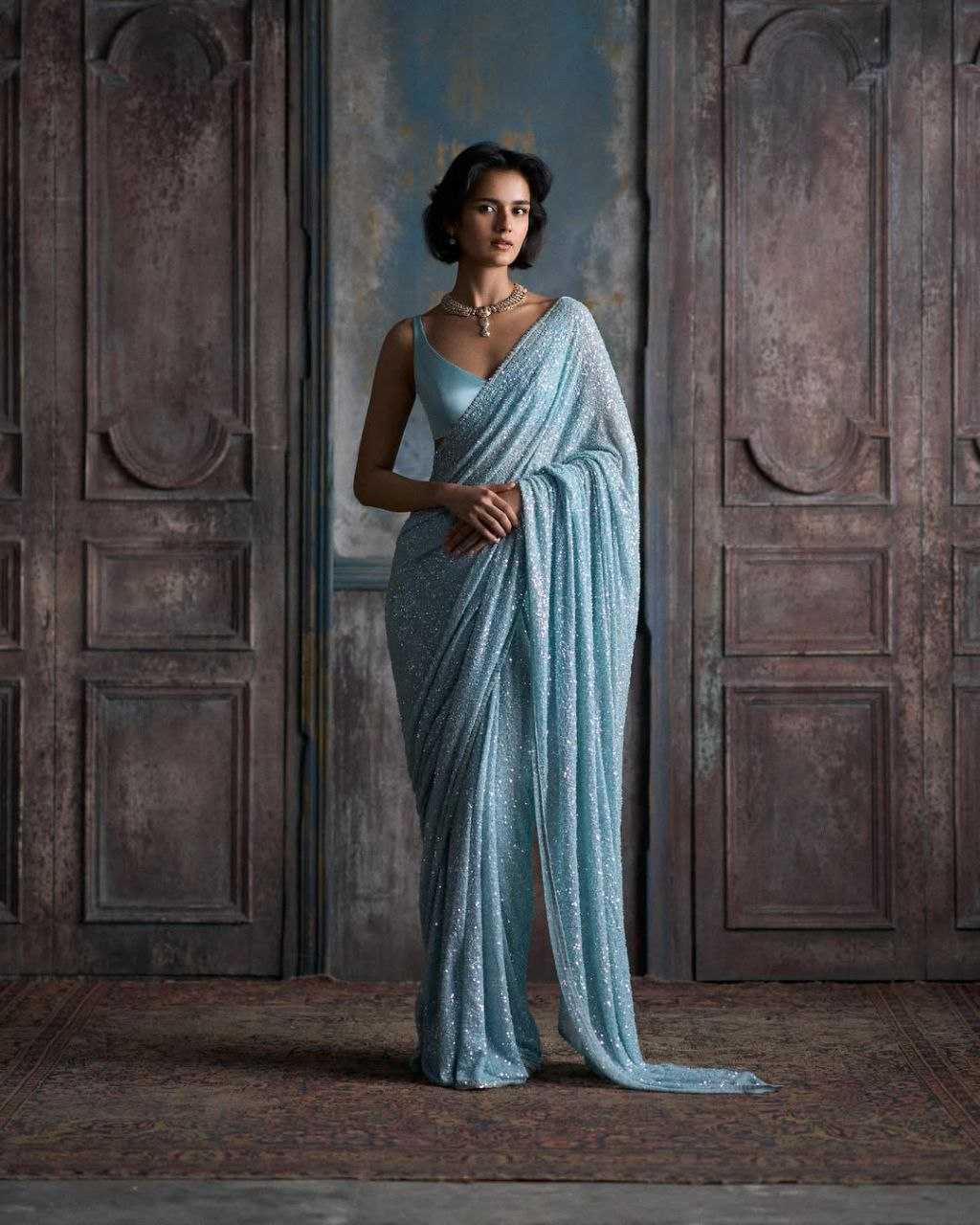 Ynf Faux Georgette KESH524 3449 Sarees Bollywood Collections Wholesale Georgette Sarees Embroidered Sarees Alia Bhatt Sarees Manufacturer