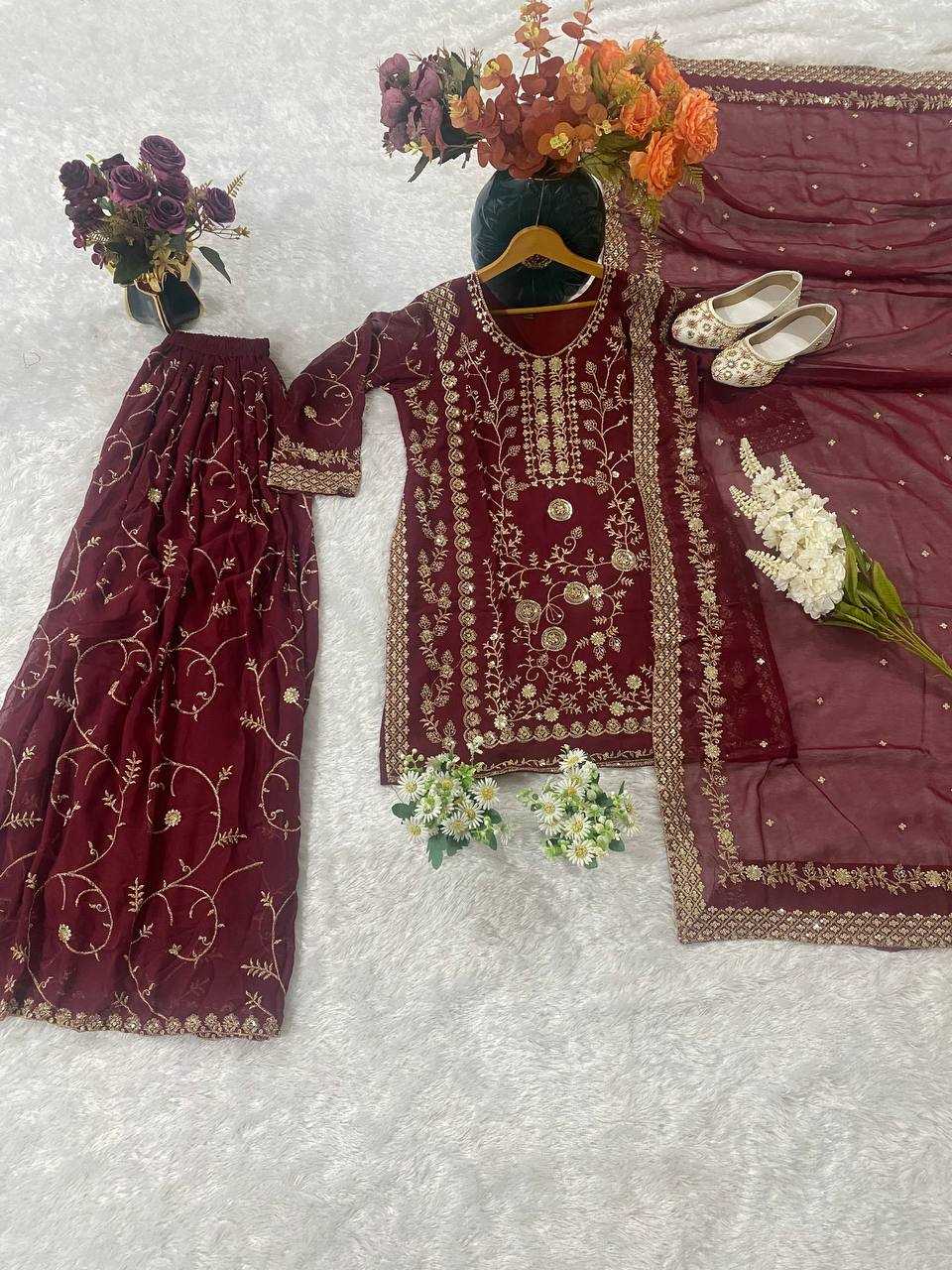 Ynf Faux Georgette KESH526 103 Suits & Dresses Wedding Collections Festive Collections Wholesale Palazzo Suit Georgette Suit Embroidered Suits Manufacturer