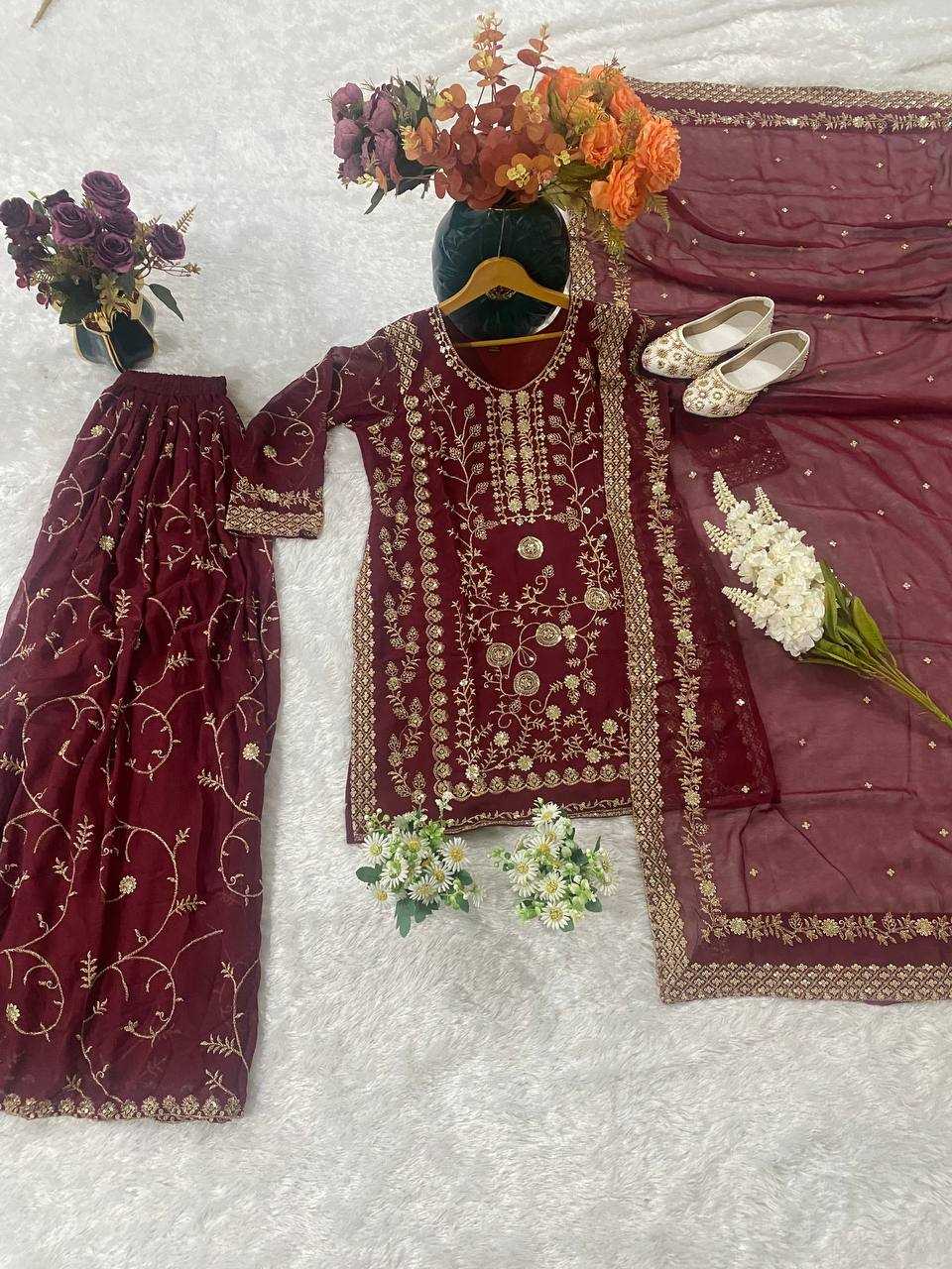 Ynf Faux Georgette KESH526 103 Suits & Dresses Wedding Collections Festive Collections Wholesale Palazzo Suit Georgette Suit Embroidered Suits Manufacturer