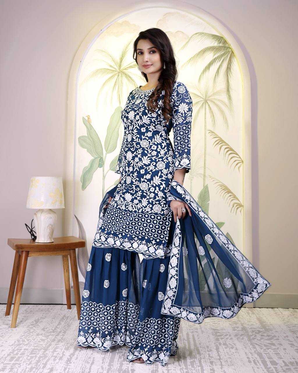Ynf Faux Georgette KESH540 Blue Cotton Daga Work& Rivet Moti Kurti Wholesale Kurti Bottom With Dupatta Manufacturer