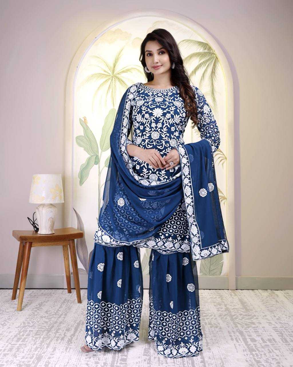 Ynf Faux Georgette KESH540 Blue Cotton Daga Work& Rivet Moti Kurti Wholesale Kurti Bottom With Dupatta Manufacturer