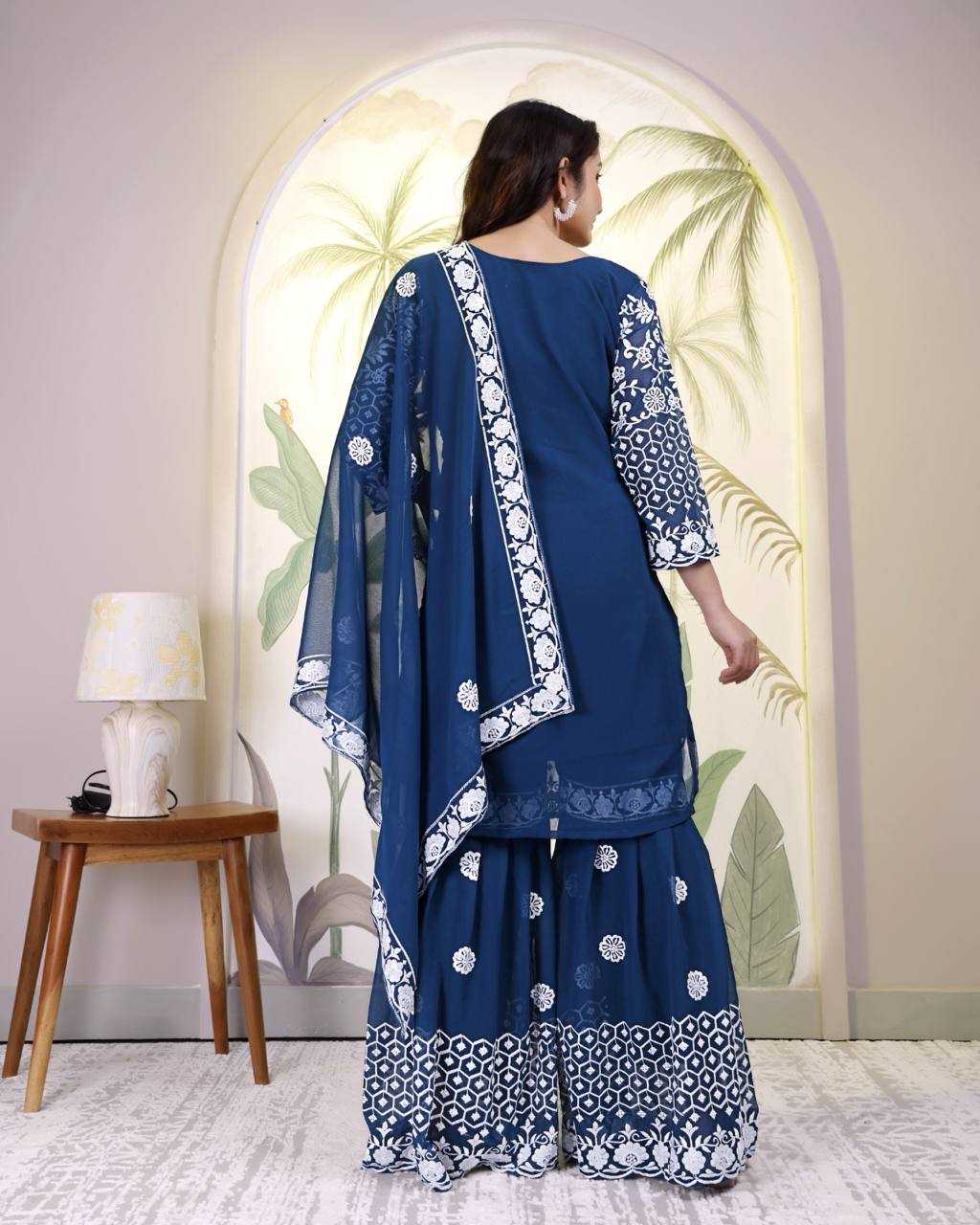 Ynf Faux Georgette KESH540 Blue Cotton Daga Work& Rivet Moti Kurti Wholesale Kurti Bottom With Dupatta Manufacturer