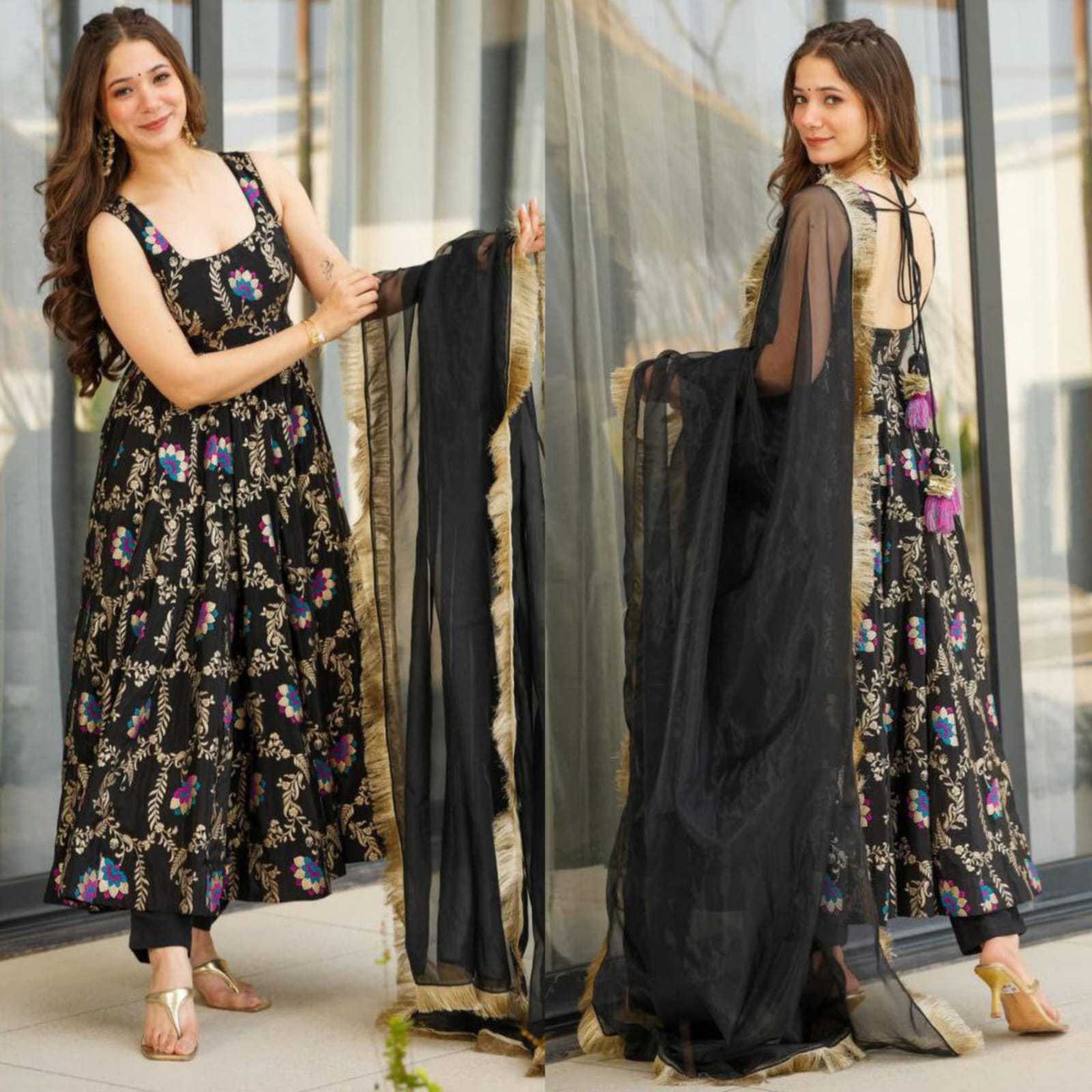 Ynf Faux Georgette RIN157 162 Gowns Plus Size Collections Wholesale Party Gowns Georgette Gown Black Gown Manufacturer