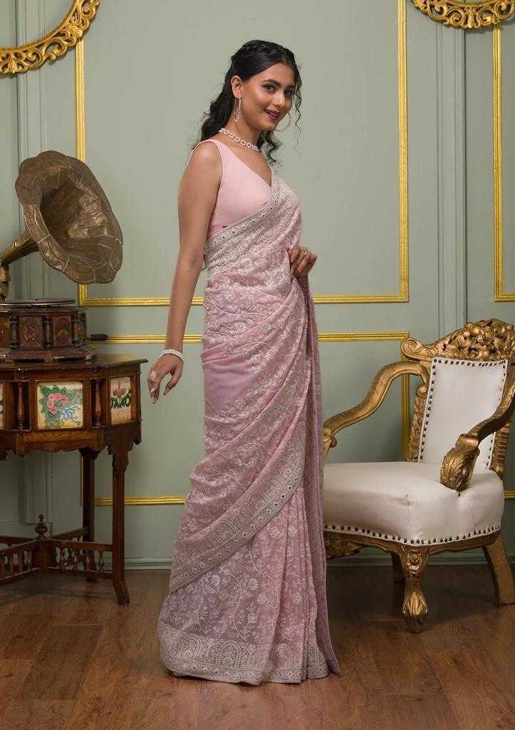 Ynf Faux Georgette RIN164 PINK ERA Sarees Wedding Collections Festive Collections Wholesale Georgette Sarees Sequence Sarees Embroidered Sarees Manufacturer