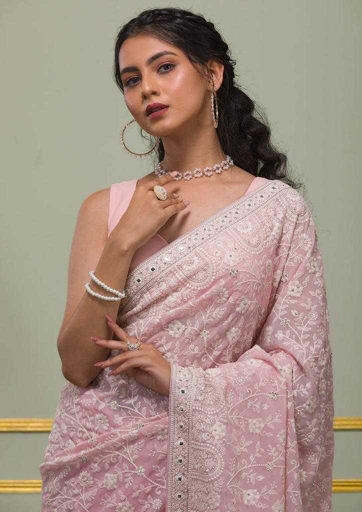Ynf Faux Georgette RIN164 PINK ERA Sarees Wedding Collections Festive Collections Wholesale Georgette Sarees Sequence Sarees Embroidered Sarees Manufacturer