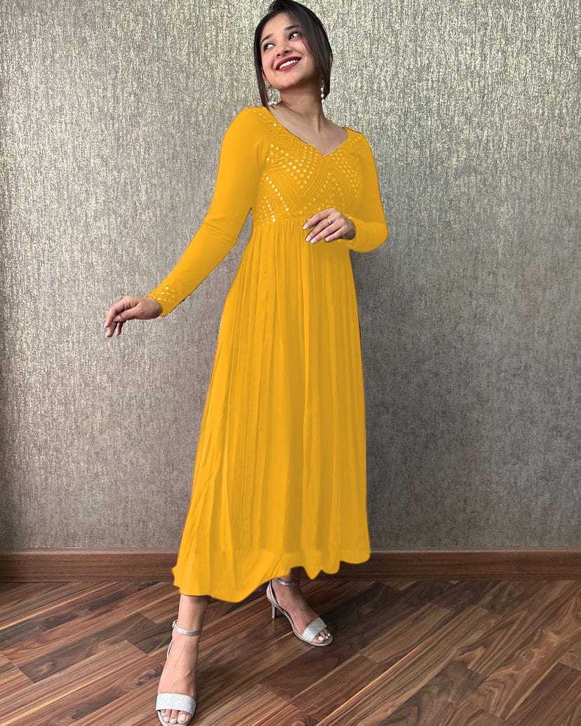 Ynf Faux Georgette RIN222 LEMON Gowns Wholesale Embroidery Gowns Georgette Gown Designer Gowns Manufacturer